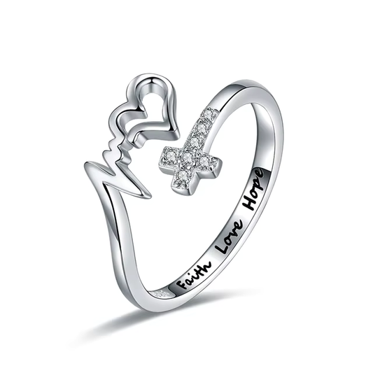 Resizable Cross and Heart Ring - 925 Silver And Cubic Zirconia