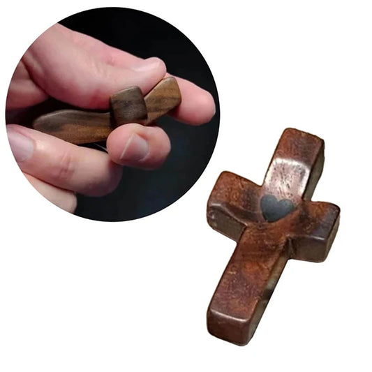 Pocket Comfort: Crafted Wooden Cross with Heart